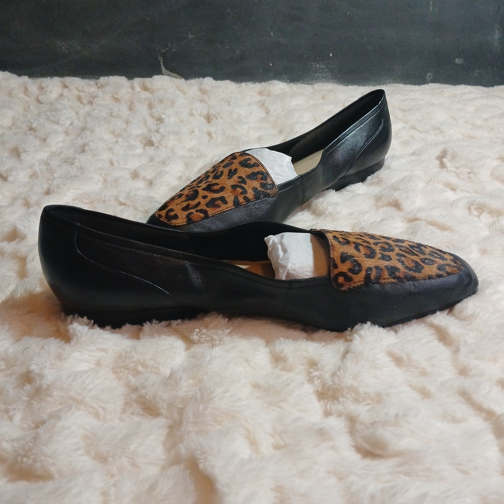 Enzo Angiolini "Rich" Womens Black Leather Slip On Flats Leopard Fur Toe Sz 11 M - Picture 6 of 10